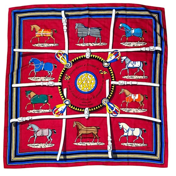 Hermès Scarf Red Couvertures Tenues Jour Horse Equestrian 100% Silk - Picture 2 of 13
